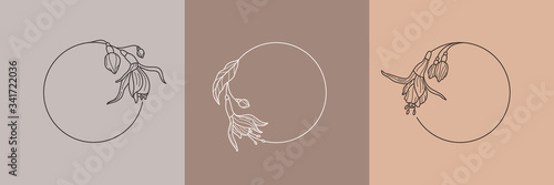 Set of fuchsia flower frames and monogram concept in minimal linear style. Vector floral logo