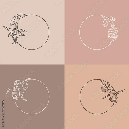 Set of fuchsia flower frames and monogram concept in minimal linear style. Vector floral logo