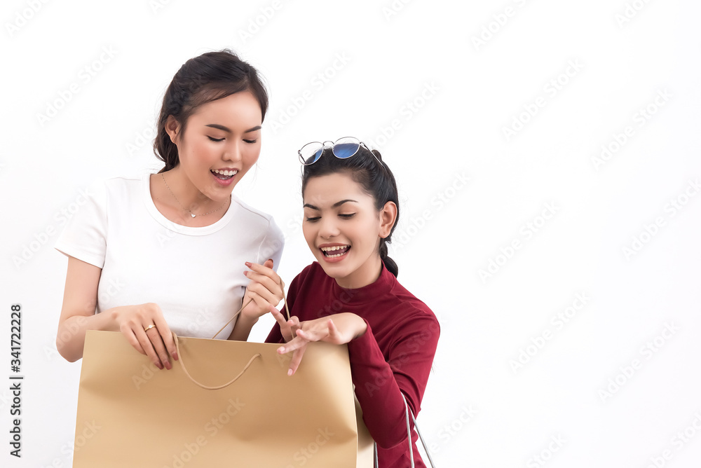 Happy asian shopping woman hold shopping bags in hand enjoy in lifestyle shopping concept, in midnight sales and discount on seales. Happy asian shopping woman hold shopping bags in hand enjoy in lifestyle shopping concept, in midnight sales and discount on seales.