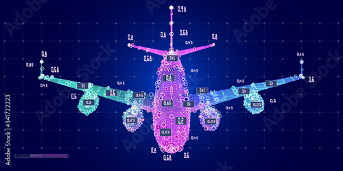 Abstract digital background with 3d grid airplane and data. Wireframe mesh plane analytical concept engineering. Travel, tourism, transport. Big data.