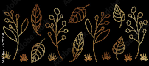 Set gold branches and leaves, luxury glitter illustration decor for invitations, greeting cards, certificate
