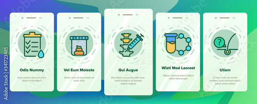 Medical Test Analysis Onboarding Icons Set Vector. Health Medical Test Blood And Sperm, Feces And Mucous Membrane, Cardiogram And Dna Illustrations