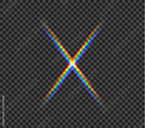Vector rainbow glowing cross isolated on dark transparent background, abstract light, laser show, night club.