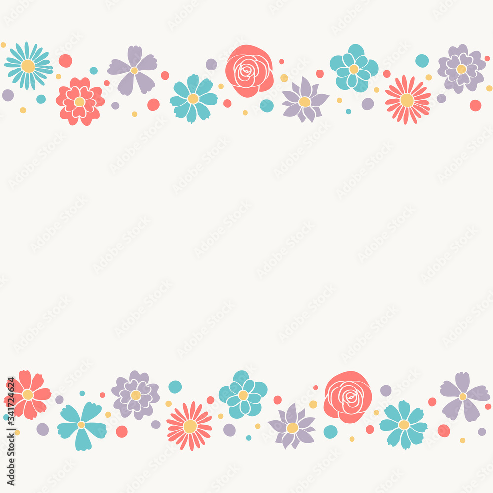 Card with colourful flowers and copyspace. Mother’s Day, Women’s Day and Valentine’s Day background. Vector