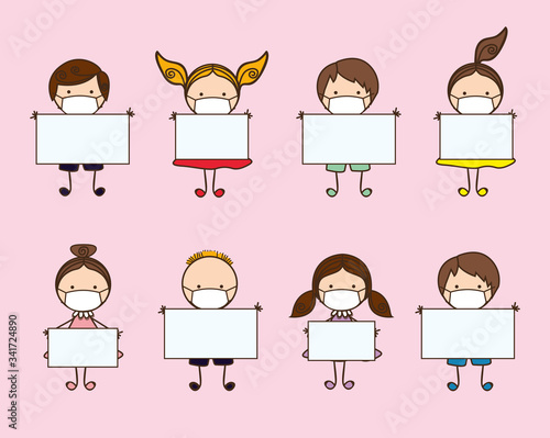 Boys and girls kids with masks and banners against 2019 ncov virus vector design