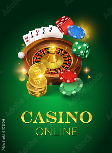 Online casino on a green background. Dice, gold coins, cards, roulette and chips. Vector illustration of a vertical format