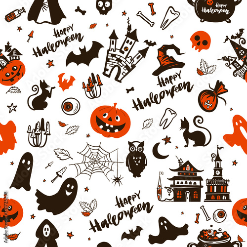 The illustration depicts Halloween holiday symbols in the form of a seamless pattern. They can be used for thematic events, cards, banners and as a template - used for packaging or printing.