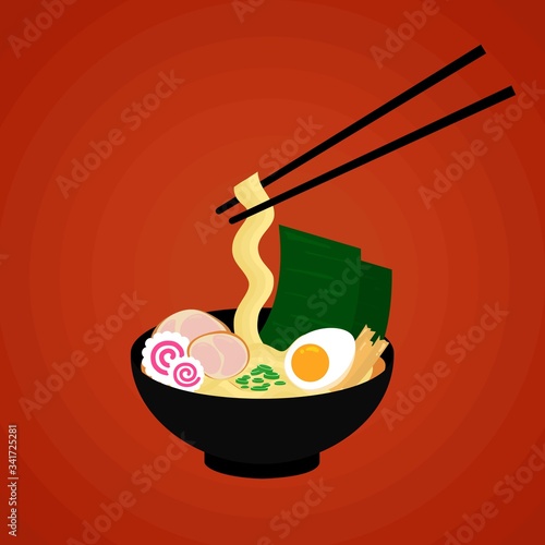 Japanese Miso ramen with chashu pork and boiled egg in black bowl on red background