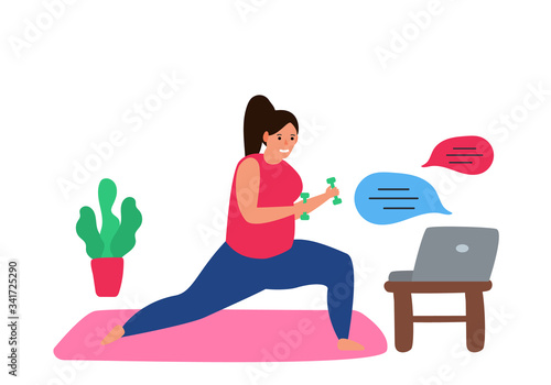 woman doing exercise at home watching online tutorial on laptop  vector illustration