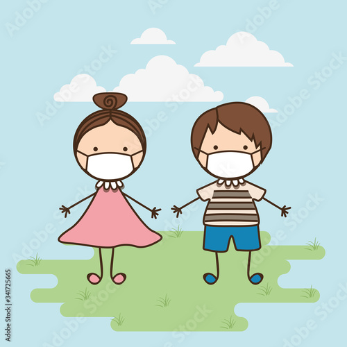 Boy and girl kids with masks against 2019 ncov virus vector design