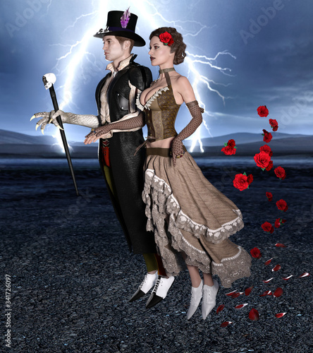 Magical fancy couple flying in the dark dramatic sky 3d render