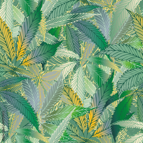 Cannabis leaves seamless vector pattern background. Hand drawn teal and gold hemp foliage backdrop. Elegant overlapping marijuana design. All over print for wellness, health concept,packaging, print
