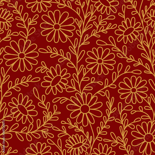 Floral pattern. Chamomiles. Seamless pattern gold outline on a red background