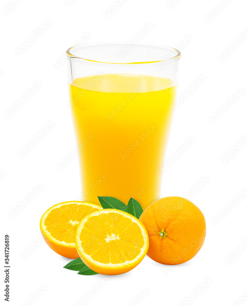 Fresh orange juice and orange fruit sliced with leaves isolated on white background with clipping path Fresh orange juice and orange fruit sliced with leaves isolated on white background with clipping path