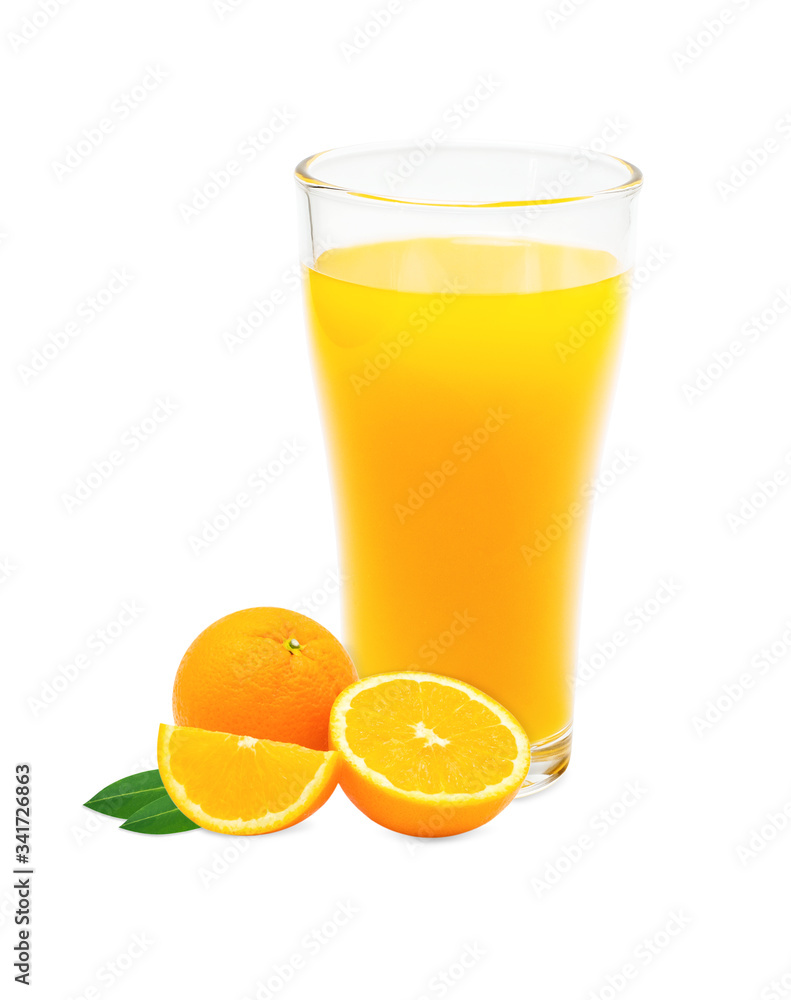 Fresh orange juice and orange fruit sliced with leaves isolated on white background with clipping path Fresh orange juice and orange fruit sliced with leaves isolated on white background with clipping path