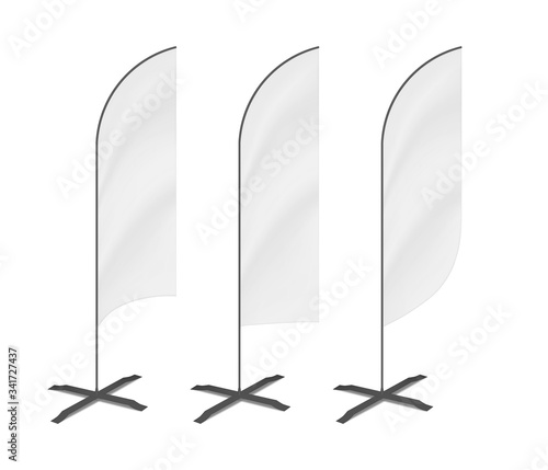 White blank feather flag, vector mockup set. Vertical banner stand, mock-up. Template for design