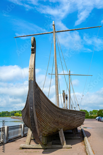 Vyborg, a Viking Drakkar on the shore of the Bolshoy Kovsh Bay
