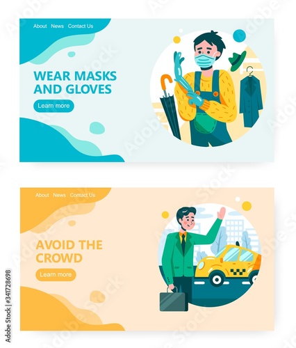 Man wear protective mask and gloves before go outside. Businessman take taxi to avoid crowd. Coronavirus concept illustration. Vector web site design template. Landing page website illustration.