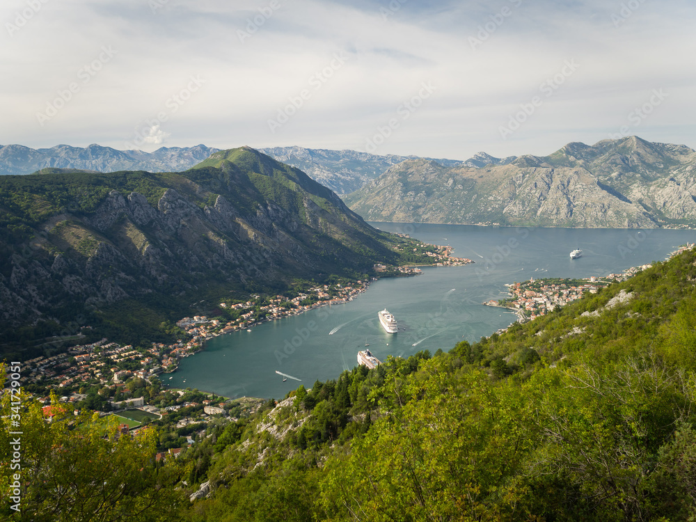 The view of the Kotor Bay from the Kotor serpentine. Montenegro autumn 2019