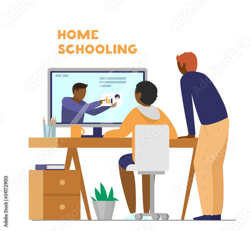 Home schooling or online learning concept. Afro-american kid learning online at home. Teacher on screen. Dad standing near. Flat vector illustration.