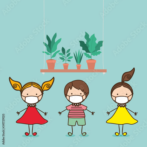 Girls and boy kids with masks against 2019 ncov virus vector design