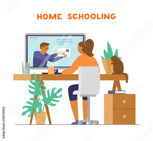 Online education. Girl sitting in front of computer with teacher on the screen. Distant learning during quarantine concept. Home schooling site template. Flat vector illustration.