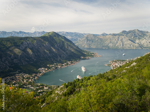 The view of the Kotor Bay from the Kotor serpentine. Montenegro autumn 2019