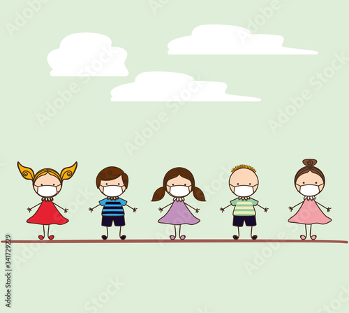 Boys and girls kids with masks against 2019 ncov virus vector design