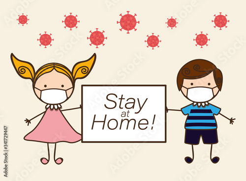 Boy and girl kids with masks and stay at home banner against 2019 ncov virus vector design