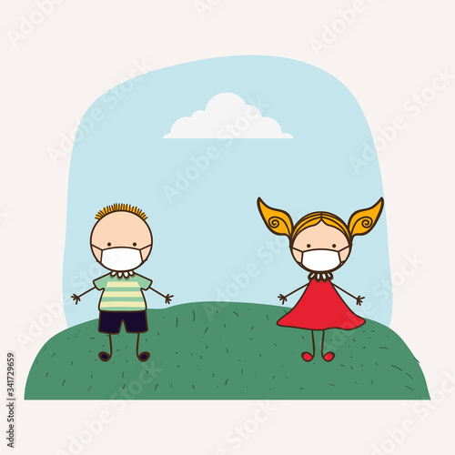Boy and girl kids with masks against 2019 ncov virus vector design