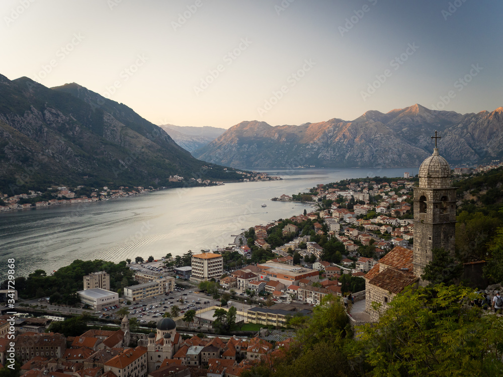 View of the city of Kotor and the Bay of Kotor at the sunset.  Montenegro autumn 2019