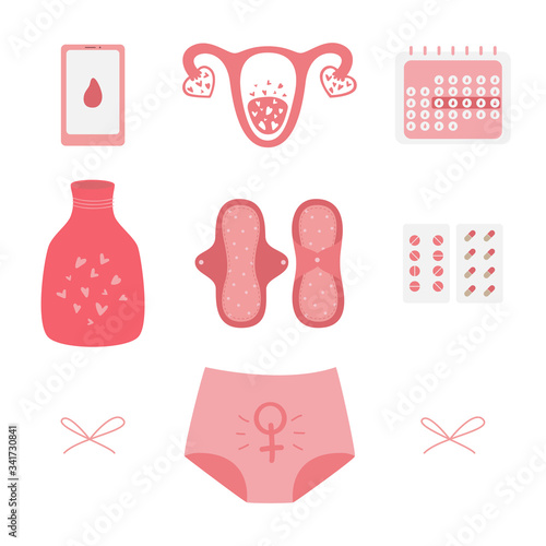 Menstrual set with reusable cloth pads, women's underpants, uterus, pills, hot water bottle. Feminine period hygiene products. Zero waste menstruation period concept. Flat. Vector stock illustration.