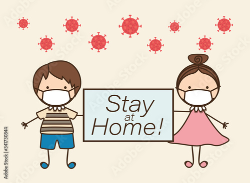 Boy and girl kids with masks and stay at home banner against 2019 ncov virus vector design
