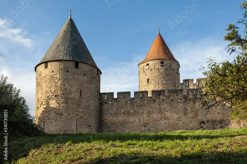 Two towers of fortified medieval city of Carcassonne, Languedoc Roussillon, France