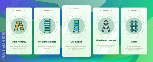 Ladder And Staircase Onboarding Icons Set Vector. Tall And Low, Wooden And Metallic Ladder, Human Falling Down From Equipment Illustrations