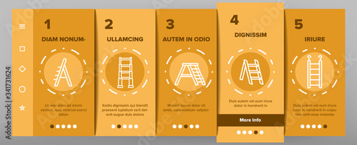 Ladder And Staircase Onboarding Icons Set Vector. Tall And Low, Wooden And Metallic Ladder, Human Falling Down From Equipment Illustrations