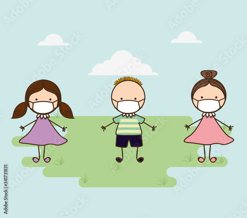 Girls and boy kids with masks against 2019 ncov virus vector design