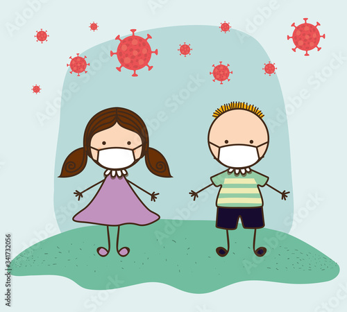 Boy and girl kids with masks against 2019 ncov virus vector design