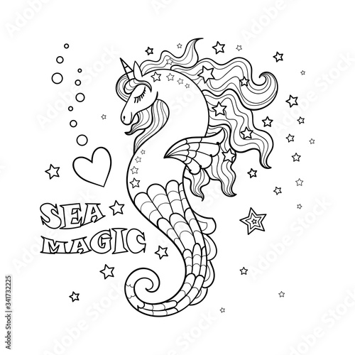 Fantastic sea unicorn. Sea Horse. Black and white. Vector
