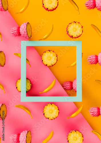 Vibrant Pink and Yellow 3d Poster with Summer Pattern – Stylized Pinapples, Bananas and Frame (ID: 341732426)