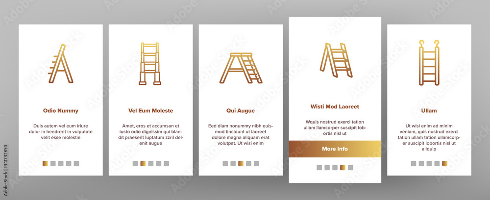 Ladder And Staircase Onboarding Icons Set Vector. Tall And Low, Wooden And Metallic Ladder, Human Falling Down From Equipment Illustrations