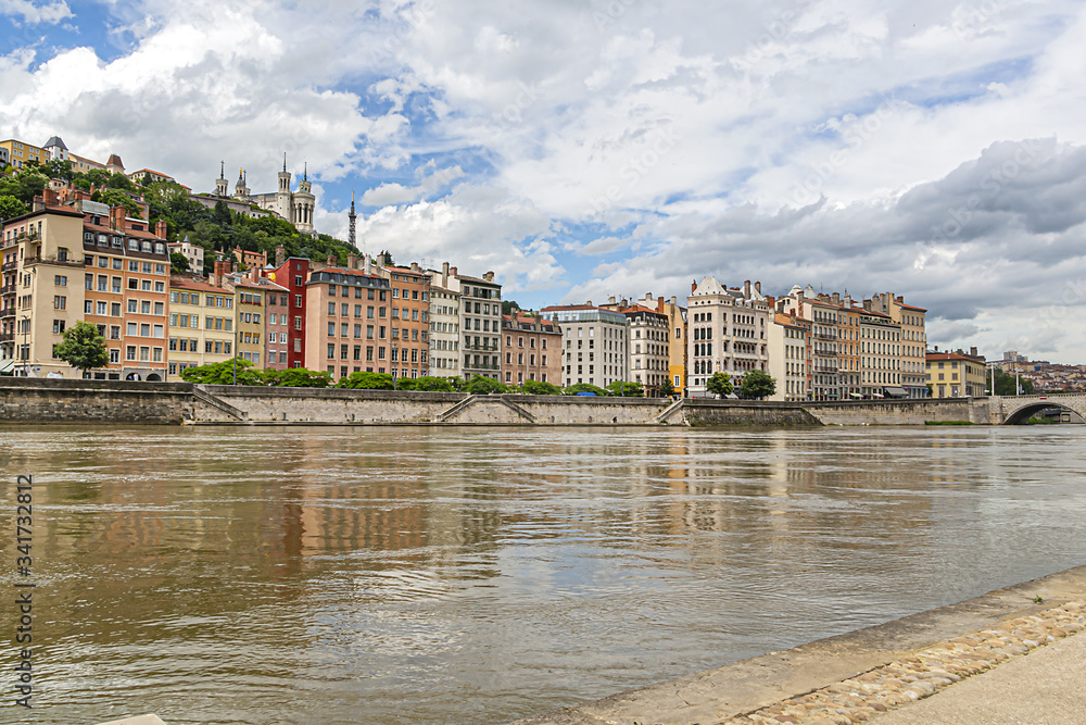 Picturesque historical Lyon Old Town buildings on the bank of Saone River. Lyon, Region Auvergne-Rhone-Alpes, France.