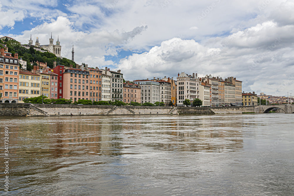 Picturesque historical Lyon Old Town buildings on the bank of Saone River. Lyon, Region Auvergne-Rhone-Alpes, France.