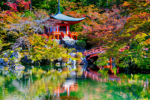 Japanese Heritage. Serene Famous Daigo-ji Temple During Beautiful Red Maples Autumn Season at Kyoto City in Japan. With Pond Reflections in Foregorund.