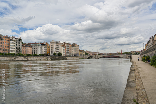 Picturesque historical Lyon Old Town buildings on the bank of Saone River. Lyon, Region Auvergne-Rhone-Alpes, France.