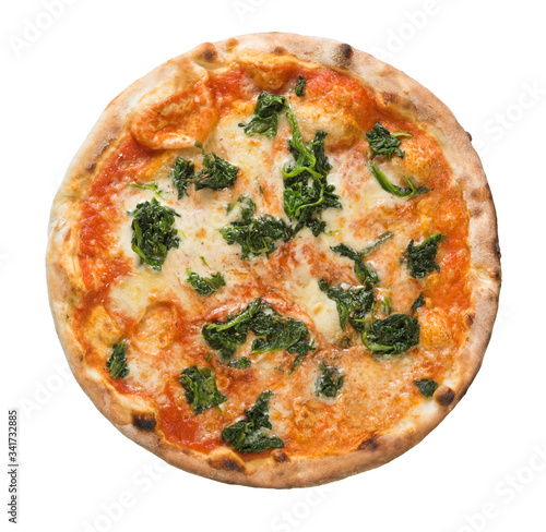 pizza with cheese and spinach isolated over white background. Top view