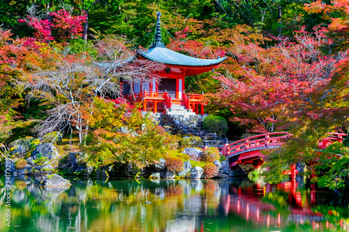 Japanese Traveling. Famous Daigo-ji Temple During Beautiful Red Maples Autumn Season at Kyoto City in Japan. With Pond Reflections in Foregorund.