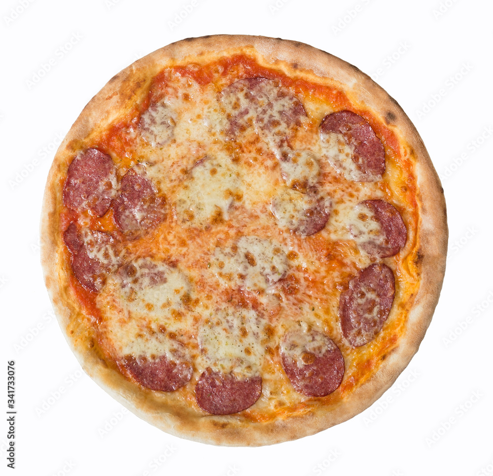 pizza with cheese and sausage and tomato sauce isolated over white background. Top view pizza with cheese and sausage and tomato sauce isolated over white background. Top view