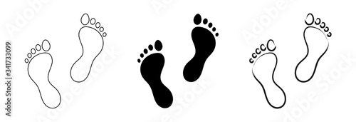 Flat linear design. Track of footprints from a human foot without shoes. Black and contour marks. Isolated vector elements.