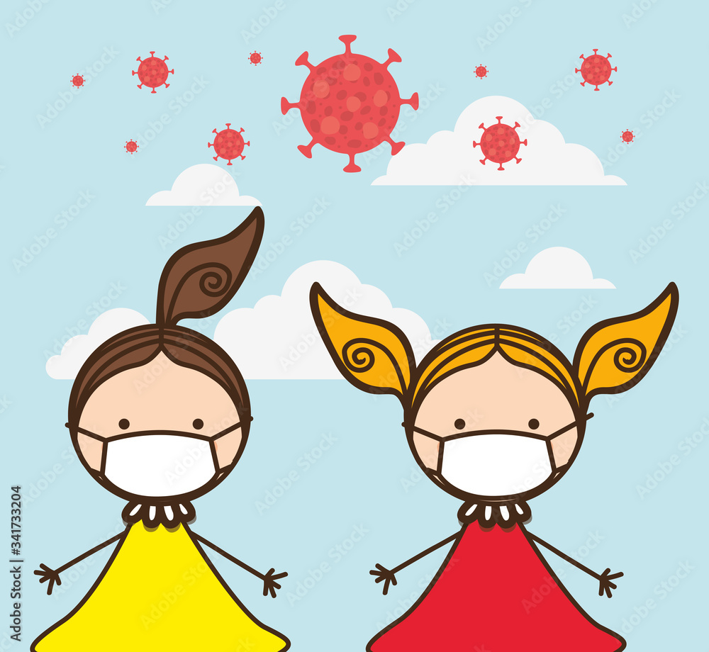 Girls kids with masks against 2019 ncov virus vector design Girls kids with masks against 2019 ncov virus vector design